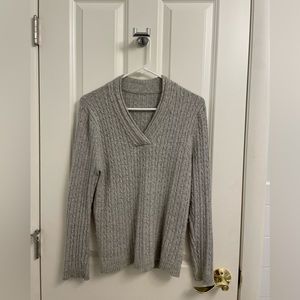 Gray Wool V-neck Cable-Knit Sweater